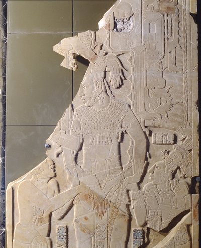 Panel depicting a dignitary standing and two males kneeling, from Temple XIX, Palenque, Chiapas, Mexico, Classical Period (detail) by Mayan